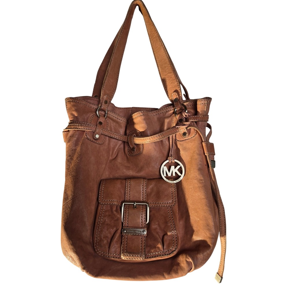 Michael Kors Tan Leather Drawstring Hobo Shoulder Bag Buckle Pocket MK Charm